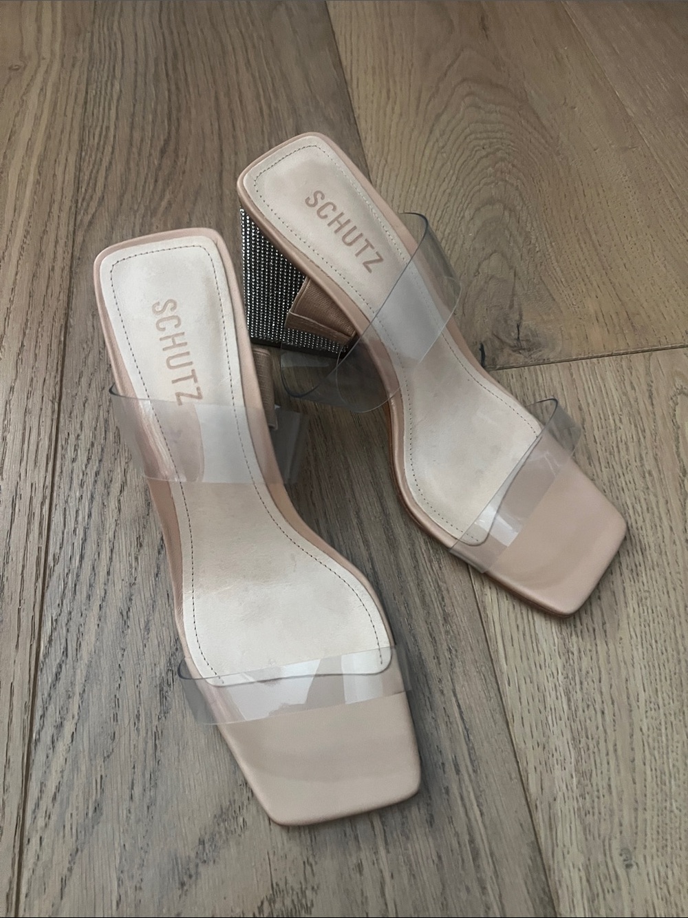 SCHUTZ Blush Nude Clear-Strap Block Heel Mules